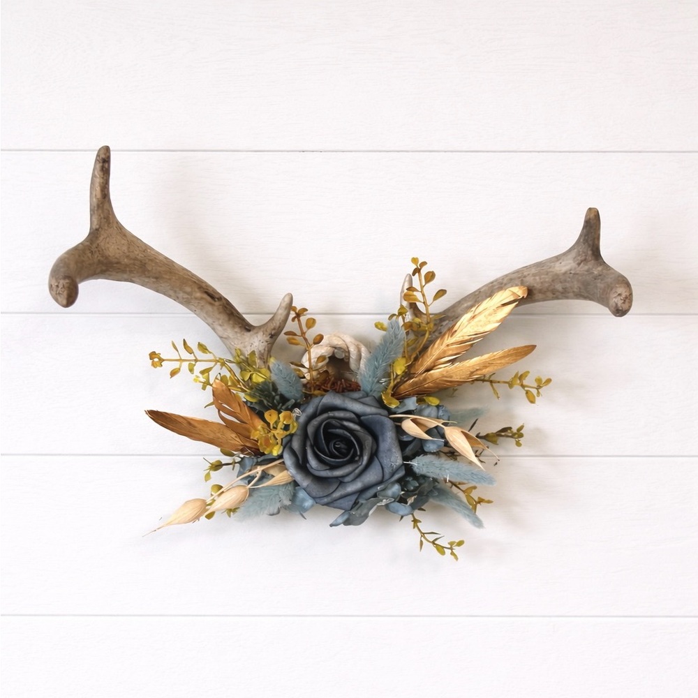 Handmade Antler Wall Decor Blue Floral Rustic Cottage Western Boho the farmhouse